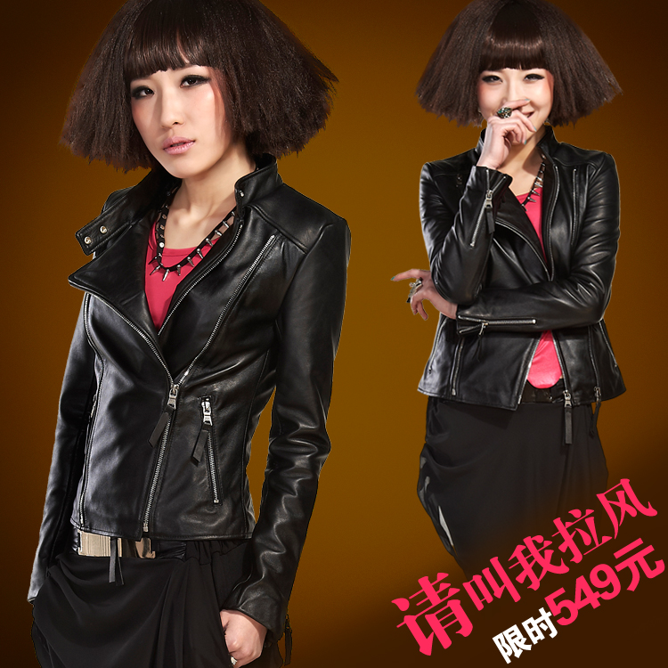 2013 spring sheep design short outerwear women's genuine leather motorcycle clothing women