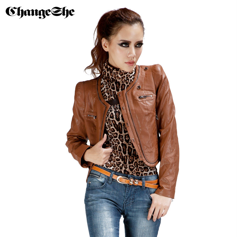 2013 spring short design slim outerwear o-neck long-sleeve PU leather clothing women's