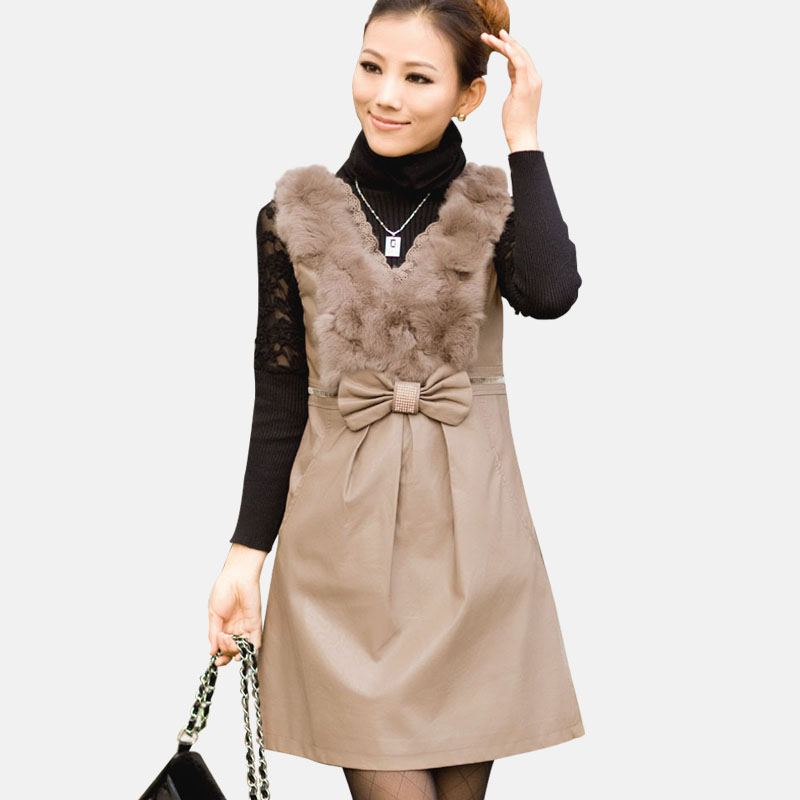 2013 spring skirt women's leather hare fur cape skirt high waist tank dress one-piece dress basic