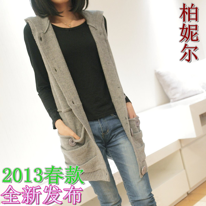 2013 spring sleeveless pocket cardigan sweater outerwear hat sweater new arrival