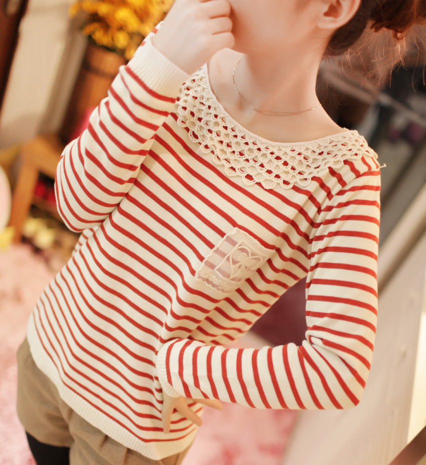 2013 spring slim fashion autumn cutout peter pan collar stripe long-sleeve q736 sweater