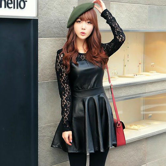 2013 spring slim leather laciness one-piece dress lace long-sleeve o-neck women's one-piece dress