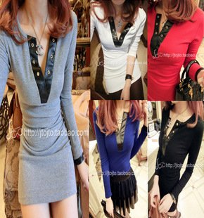 2013 spring slim leather patchwork V-neck medium-long solid color basic t-shirt spring free shipping