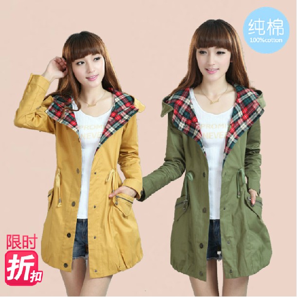 2013 spring slim sweet preppy style with a hood olive casual clothing female medium-long outerwear spring and autumn