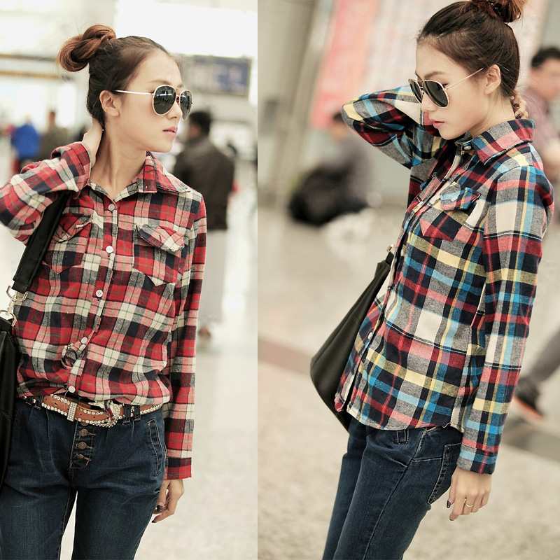 2013 spring small fresh casual all-match plaid shirt slim basic top female