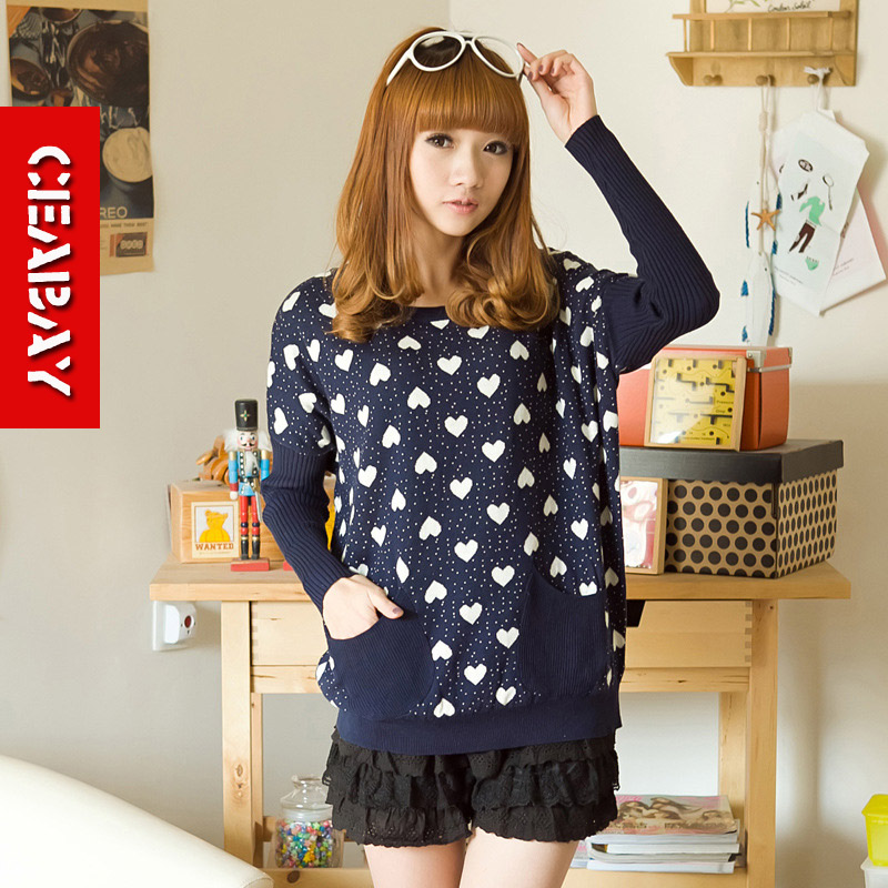 2013 spring small fresh mushroom honey plus size batwing sleeve love color block basic sweater female