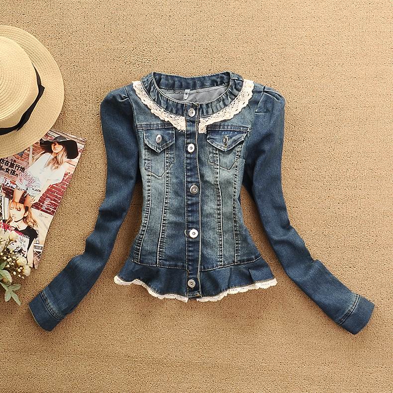 2013 spring small fresh sweet lace decoration beading long-sleeve denim short jacket slim