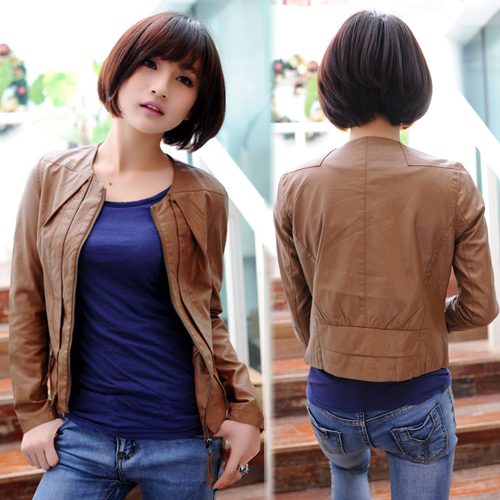 2013 spring small leather clothing female short design water wash PU jacket o-neck slim women's outerwear