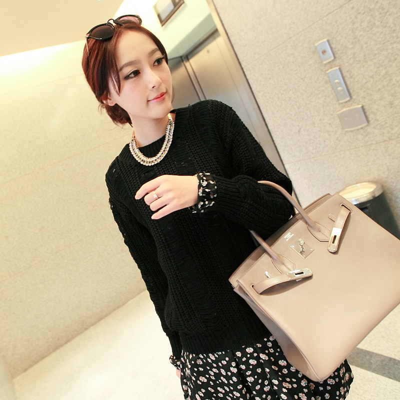 2013 spring solid color all-match top drawing brief cutout loose sweater Women h3105