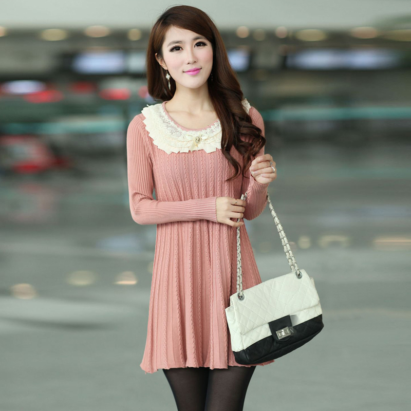 2013 spring solid color women's medium-long sweater o-neck sweater outerwear plus size one-piece dress