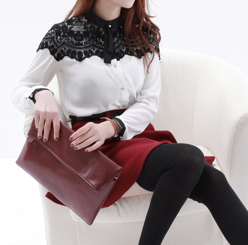 2013 spring stand collar lace patchwork color block long-sleeve straight chiffon shirt top female aa882