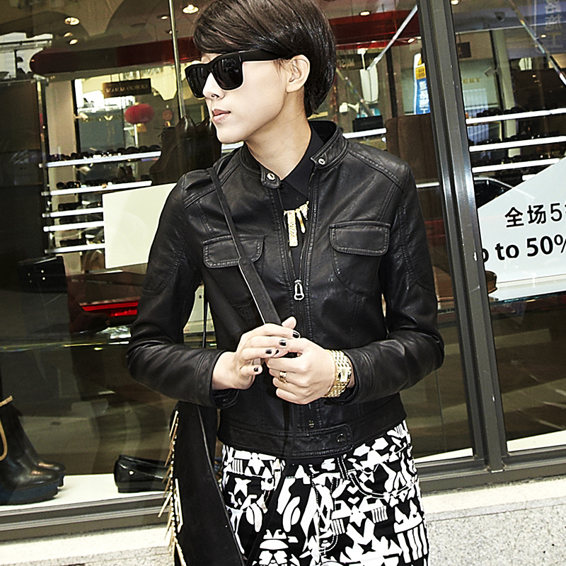 2013 spring stand collar short design leather clothing casual outerwear 31g1013