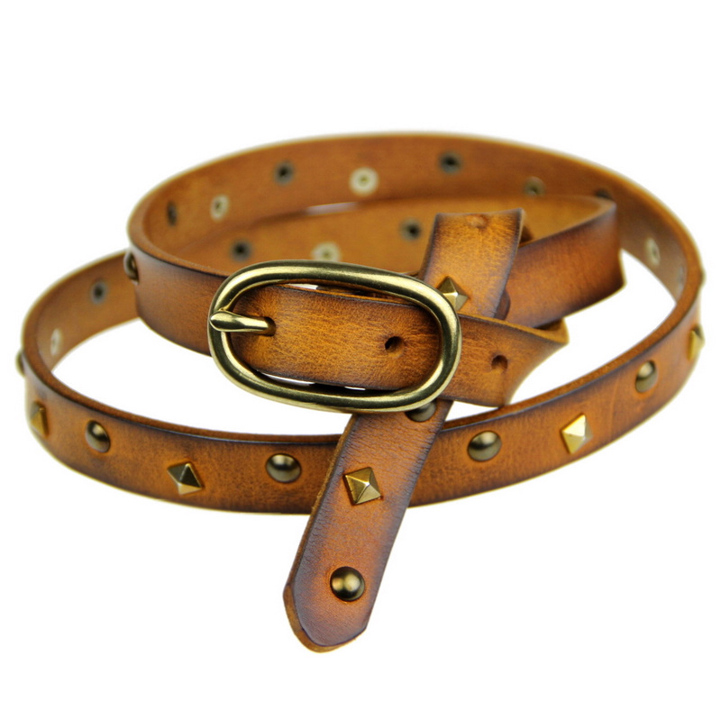 2013 spring strap women's genuine leather first layer of cowhide Women rivet tieclasps decoration thin belt belly chain