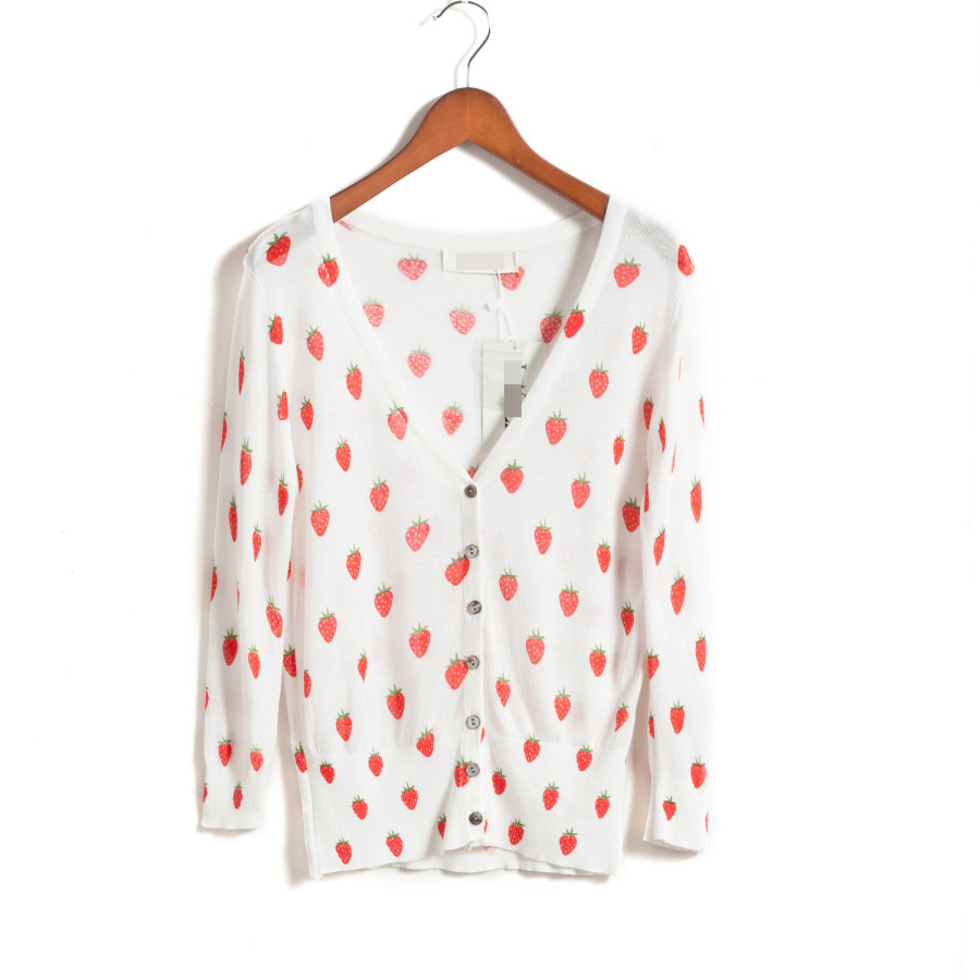 2013 spring strawberry sweater women's regular style print shirt V-neck ultra-thin slim cardigan