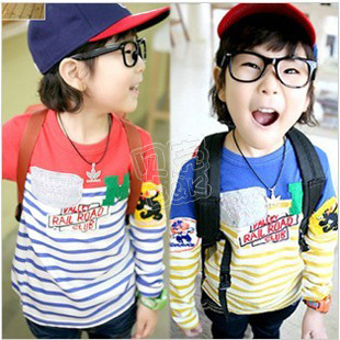 2013 spring stripe color block decoration boys clothing girls clothing baby sweatshirt wt-0680 (CC001)