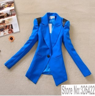 2013 spring suit British Wind Pu  leather shoulder candy color long blue and white  jacket suits coat plus size jacket