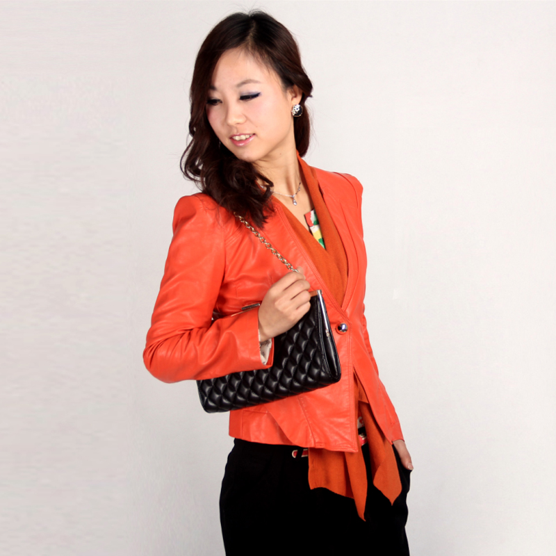 2013 spring suit leather clothing female slim outerwear puff sleeve one button blazer women's