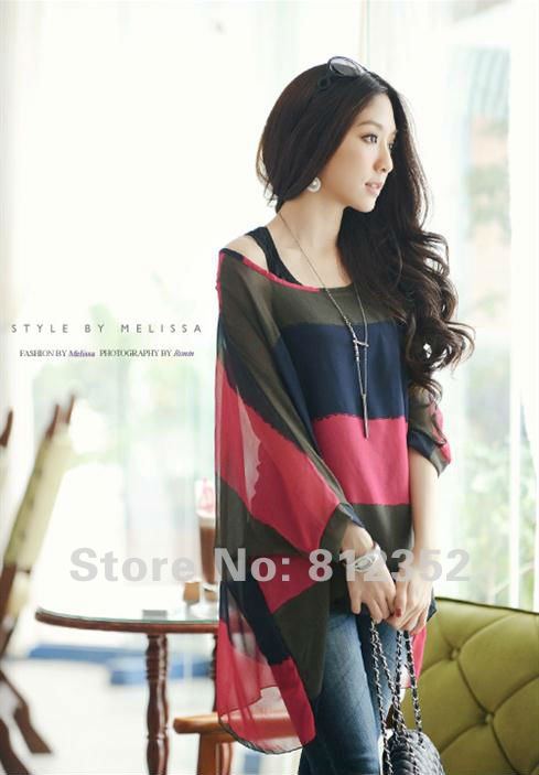 2013 spring summer 2pcs Fashion Blouses Women Loose Batwing sleeve Shirt Dolman Tops for Ladies Colorful Stripe T shirt + Vest
