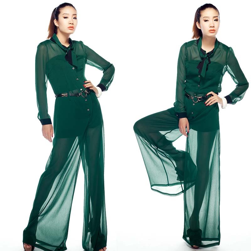 2013 spring summer elegant women's long sleeve chiffon jumpsuit fashion designer long overall pants wide leg culottes for women