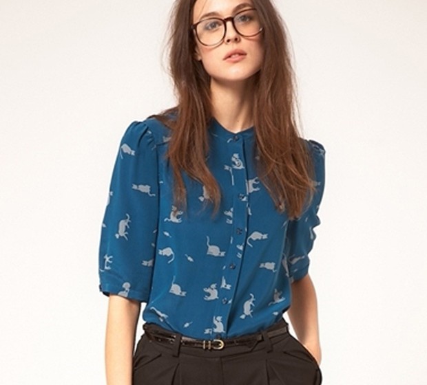 2013 spring summer Ladies' fashion blouse women's short sleeve cat printed chiffon shirts blue shirt button free shipping