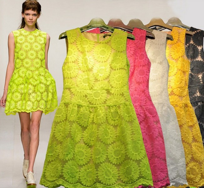 2013 spring summer London fashion week Women Print Flower embroidery organza lace dress/Candy color,flower chiffon  knee-length