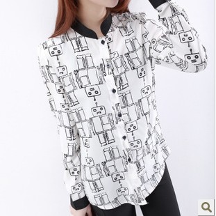 2013 Spring Summer New Arrival Vintage Color Geometrical Patterns Blouse Black And White Chiffon  Stand Collar Female Shirt