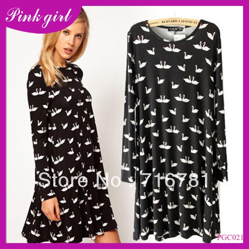 2013  spring summer new fashion cute animal swan print chiffion long sleeve loose o-neck dress for women