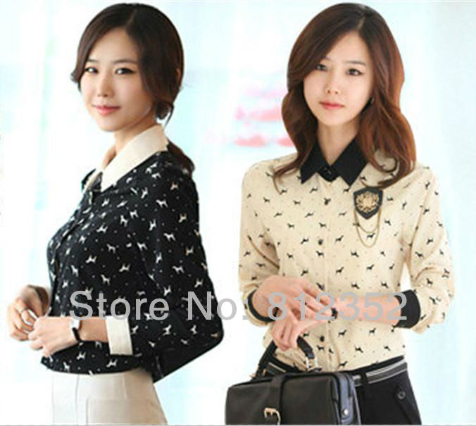 2013 spring summer new fashion korean long sleeve animal print chiffon tops blouses women casual office shirts