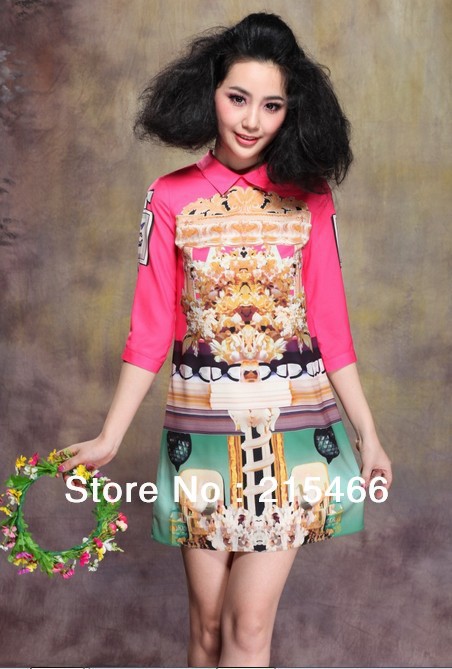 2013 Spring Summer New Lady's Half Sleeve Print Vintage Elegant Turn-down Collar One-piece Dress Free Shipping High Quality Blue