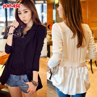 2013 spring summer turn-down collar behind the chiffon long-sleeve slim suit blazer female short jacket