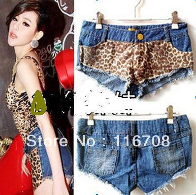 2013 spring summer women's ultra-short leopard print patchwork jeans sexy low-waist shorts wild super shorts st-102