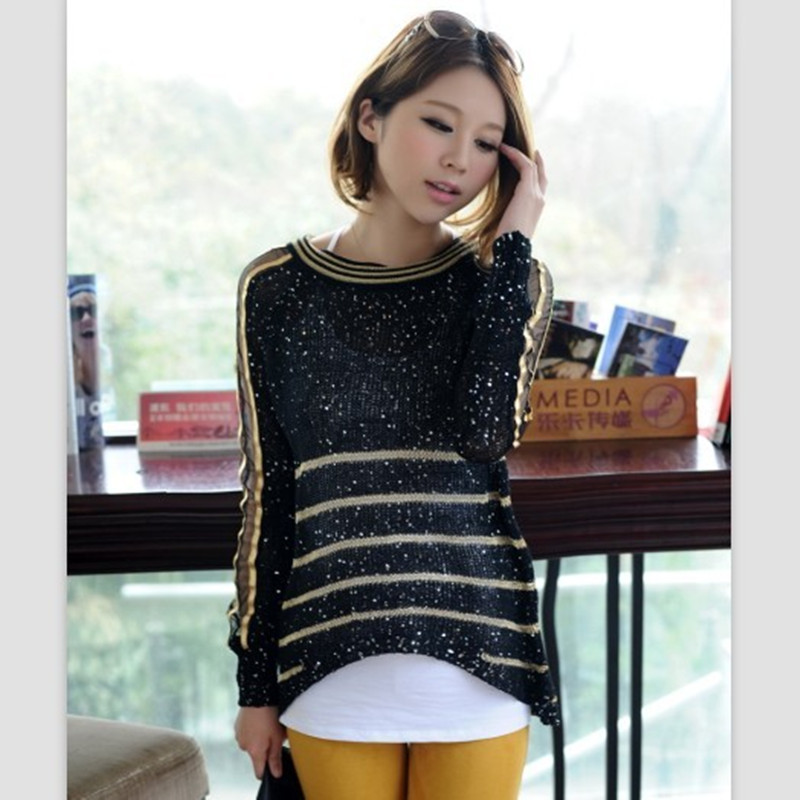 2013 spring sunscreen sweater gold thread paillette gauze patchwork loose thin sweater cutout shirt
