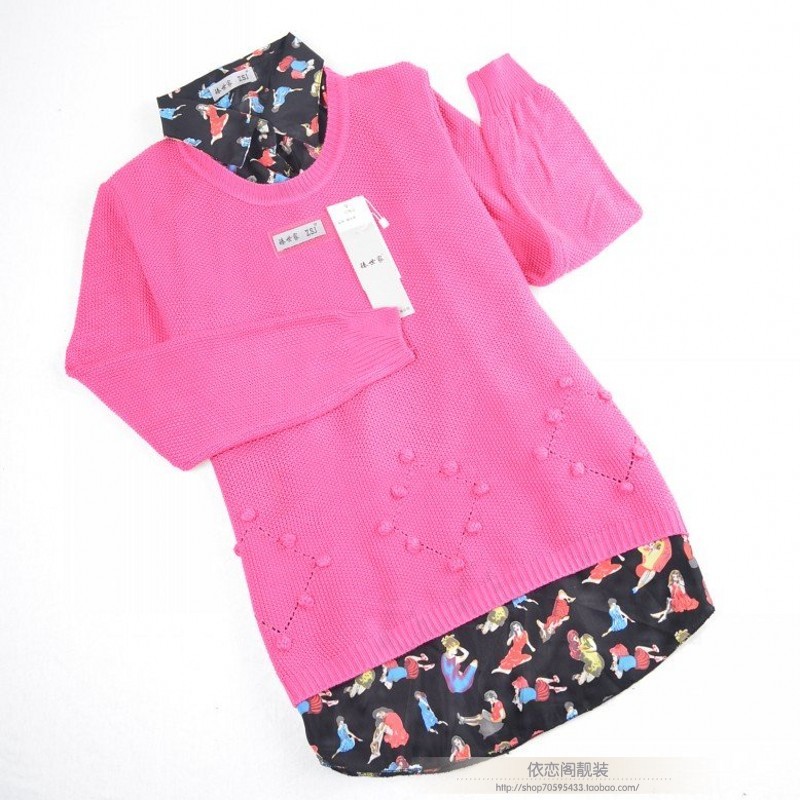 2013 spring sweater twinset print chiffon shirt collar sweater female (WC005)