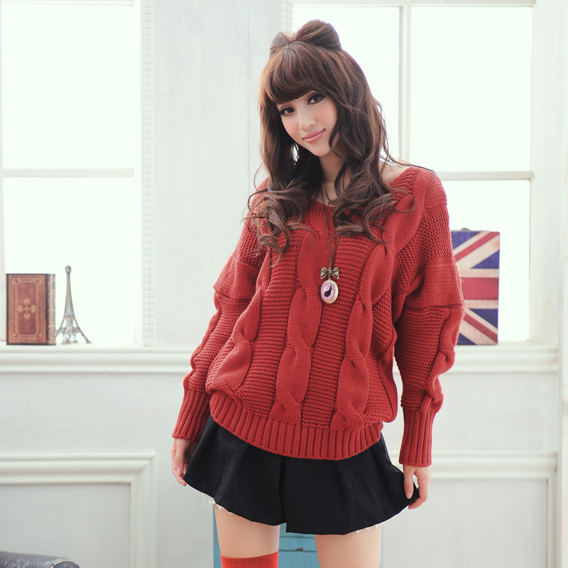 2013 spring sweater vintage loose thickening coarse twist V-neck batwing sleeve sweater Free Shipiing