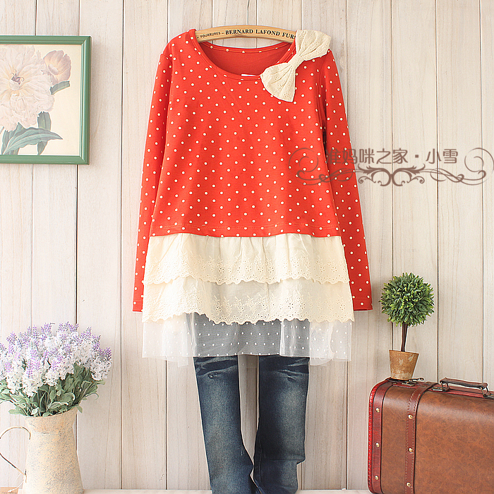 2013 spring sweet polka dot bow lace multicolor long-sleeve maternity clothing top w6 Maternity Dress
