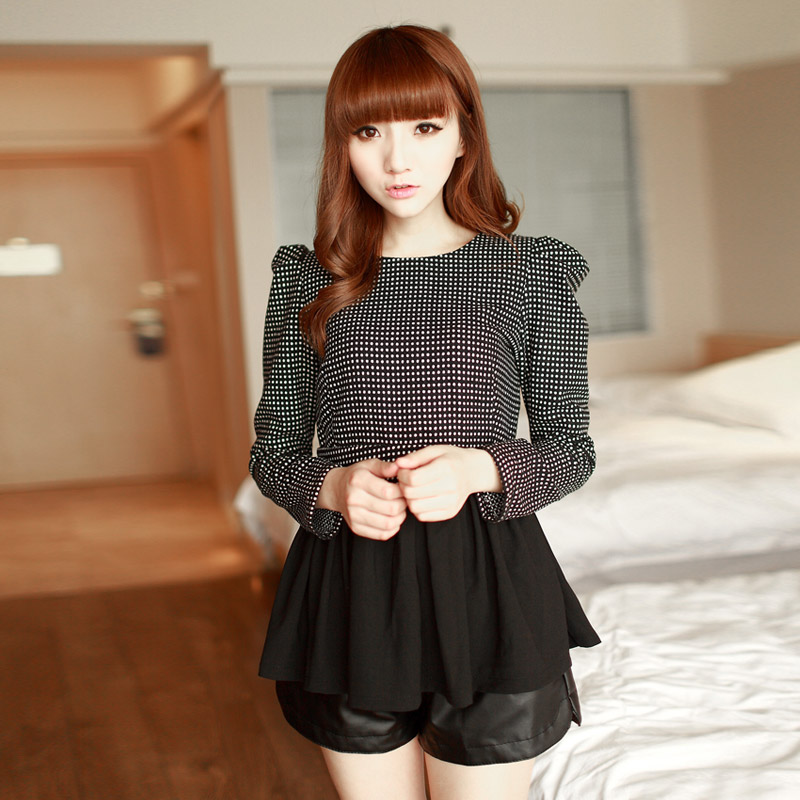2013 spring sweet polka dot colorant match long-sleeve o-neck puff sleeve short jacket top female