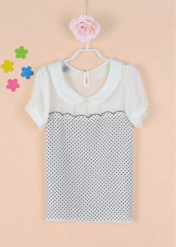 2013 spring sweet polka dot lace decoration basic top slim peter pan collar short-sleeve chiffon shirt