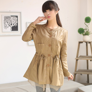 2013 spring sweet solid color o-neck wrist-length sleeve single breasted belt paragraph outerwear trench