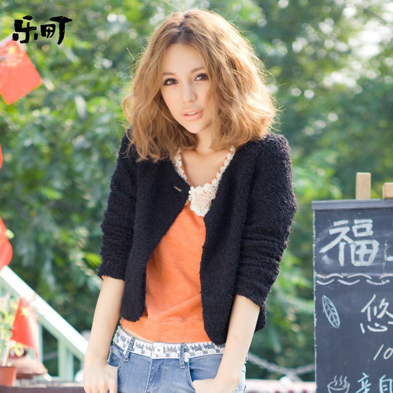 2013 spring sweet women's casual fleece o-neck long-sleeve short jacket cardigan