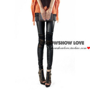 2013 spring the new K235 Korean folds gauze sexy through the meat imitation leather stitching leggings nine points