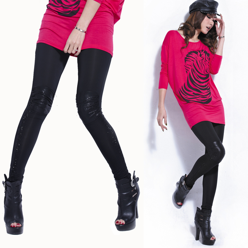 2013 spring thin knee patchwork patch faux leather legging ankle length trousers thin female