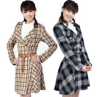 2013 spring thin woolen plaid epaulette trench with belt