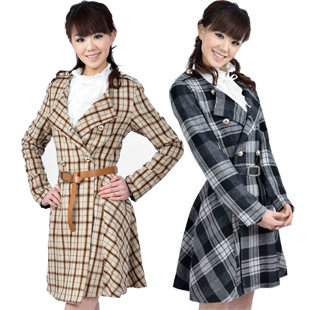 2013 spring thin woolen plaid epaulette trench with belt Free Shipping