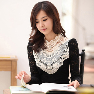 2013 spring turtleneck lace basic shirt female plus size black white lace long-sleeve shirt