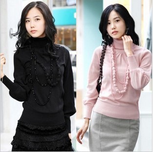 2013 spring turtleneck solid color all-match lantern sleeve pullover basic sweater women's basic shirt Free Shipping