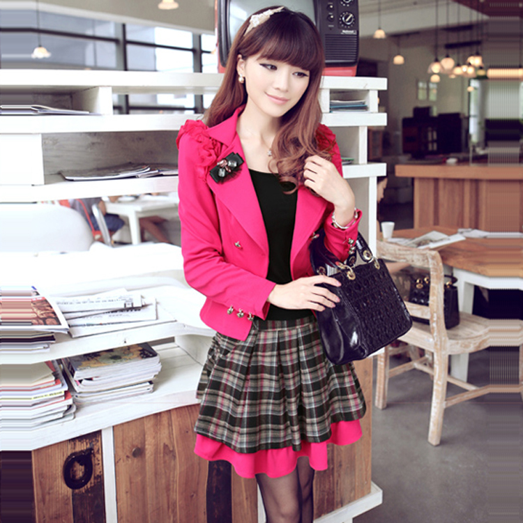 2013 spring twinset one-piece dress fashion ol elegant blazer plaid skirt