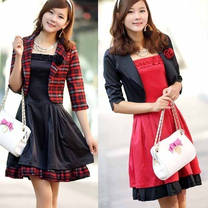 2013 spring twinset skirt plaid fashion three quarter sleeve one-piece dress blazer
