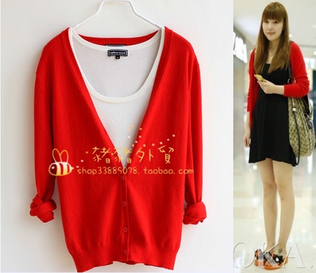 2013 spring v-neck short sleeve T-shirt sweater outerwear plus size small red Free Shipping
