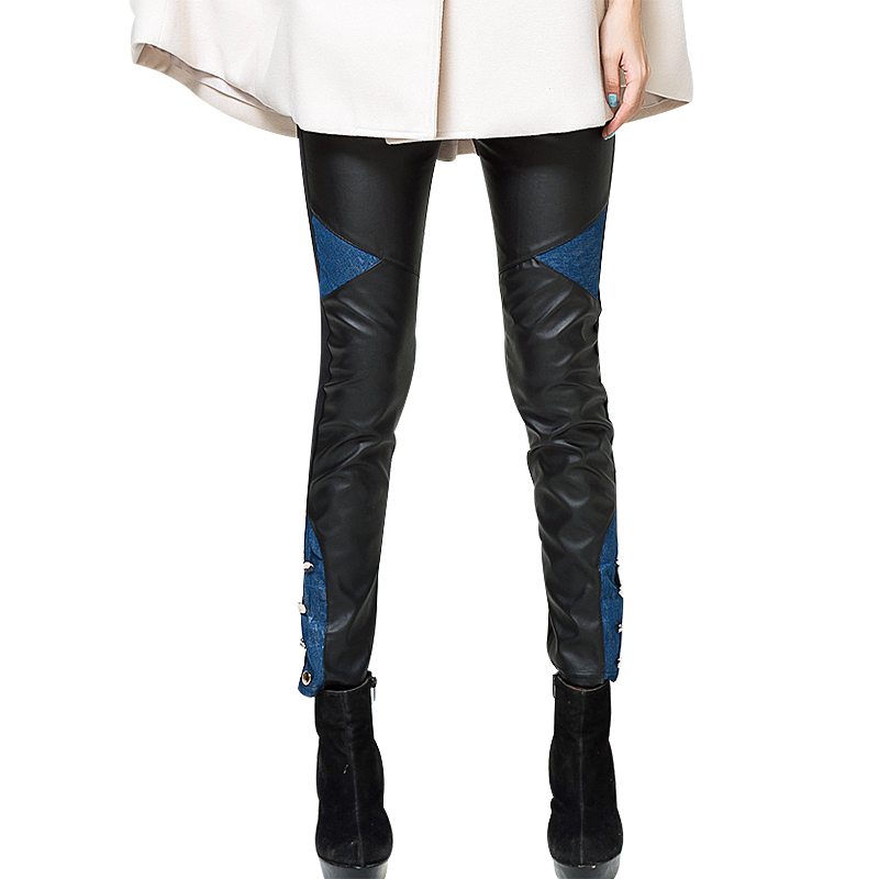 2013 spring vintage black women's elastic pencil pants legging faux leather boot cut jeans trousers