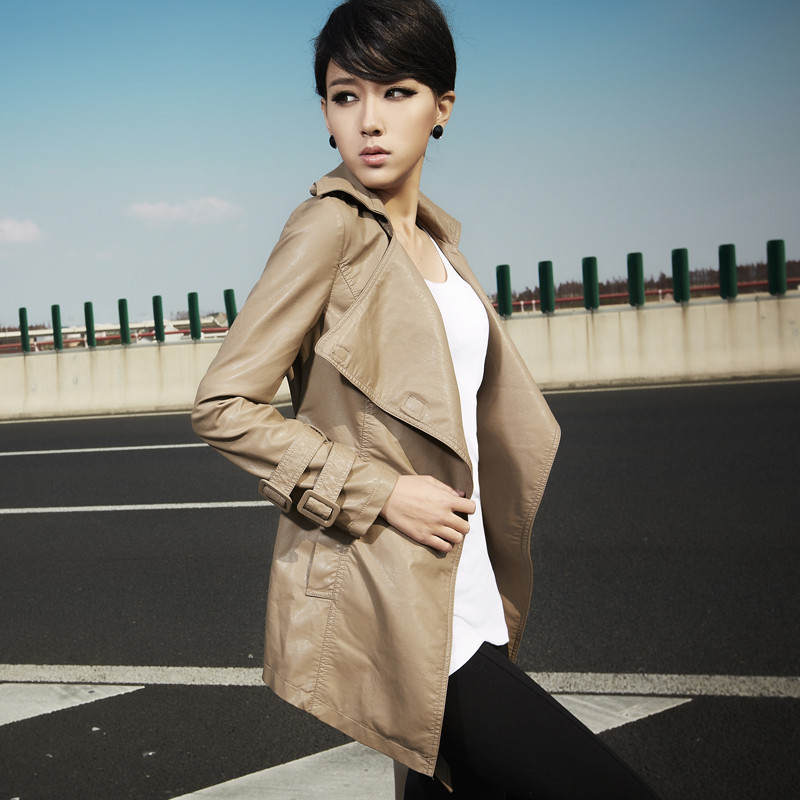 2013 spring vintage deep khaki front fly magnet clasp long design slim leather trench 21f3757